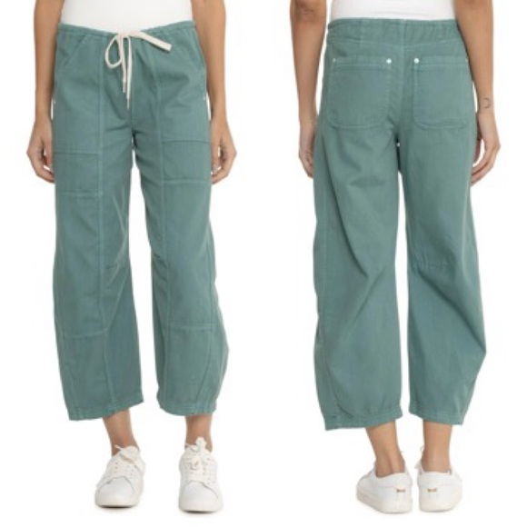 BlankNYC Barrel Leg Carpenter Pants SZ MEDIUM Green Cropped Pull-On Drawstring - Picture 1 of 5